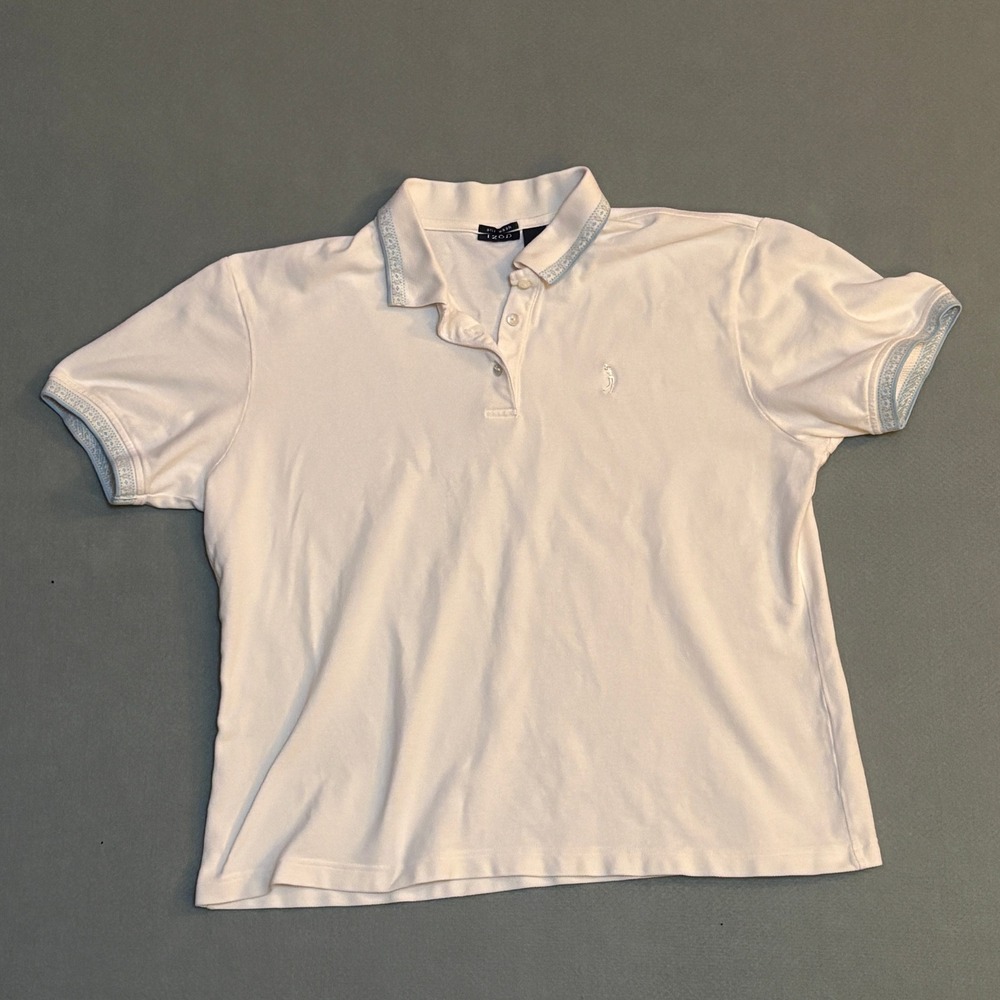 IZOD Silkwash Womens‎ XL Polo Shirt White Cotton Floral Trim Golf Preppy Sporty